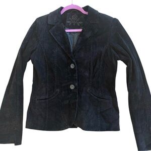 Vintage Black Suede Blazer Western Stitch Fitted Jacket Boho Ranch Small